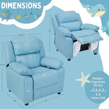 Macaron Kids Reclining Chair Recliner Dual Storage Armrest Leather Sofa Toddler Youth Children Child Ages 2-8