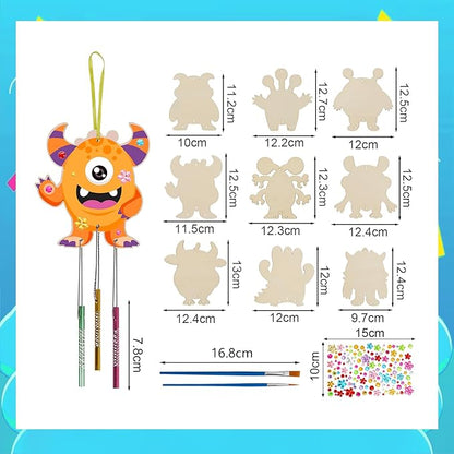 Fennoral 9 Pack Monster Wind Chime Kit for Kids Make Your Own Monster Wind Chimes Wooden Arts and Crafts for Girls Boys DIY Coloring for Christmas Art Activity Party Decoration Birthday Gifts