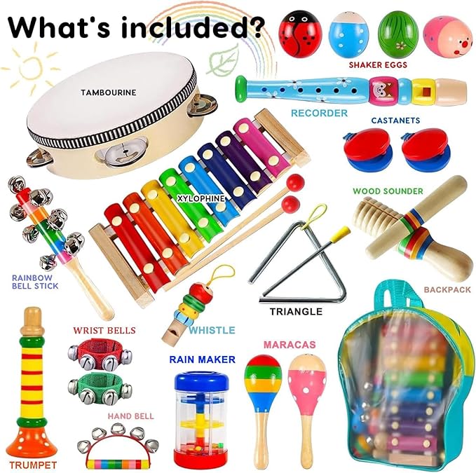 Kids Musical Instruments, INLAIER Toddler Wooden Percussion Instruments Tambourine Xylophone Toys for Kids Children, Preschool Education Early Learning Musical Toy for Boys and Girls with Storage Bag