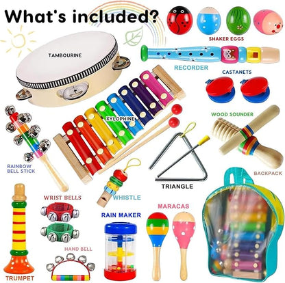 Kids Musical Instruments, INLAIER Toddler Wooden Percussion Instruments Tambourine Xylophone Toys for Kids Children, Preschool Education Early Learning Musical Toy for Boys and Girls with Storage Bag