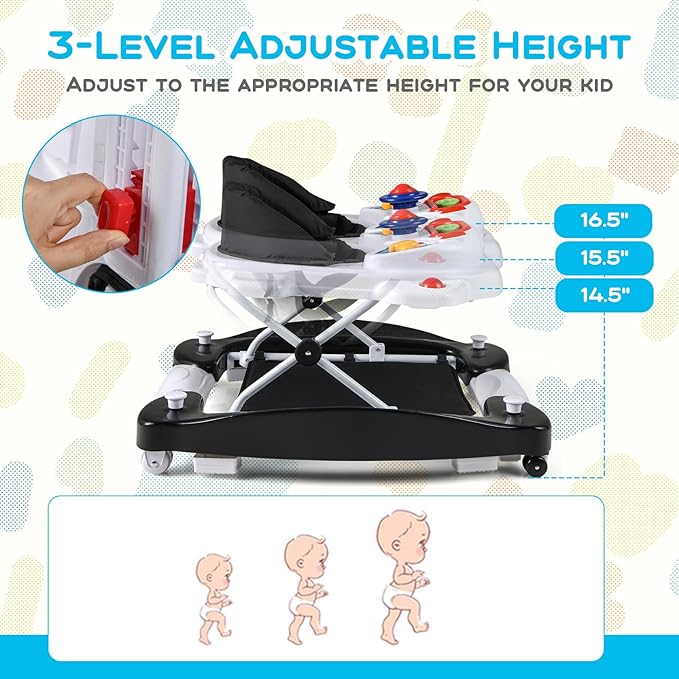 BABY JOY 6-in-1 Baby Walker, Foldable Baby Walker with Wheels, Adjustable Height, Music, Lights, Bouncer & Rocker Mode, Baby Walkers for Boys Girls 6-14 Months (Black)