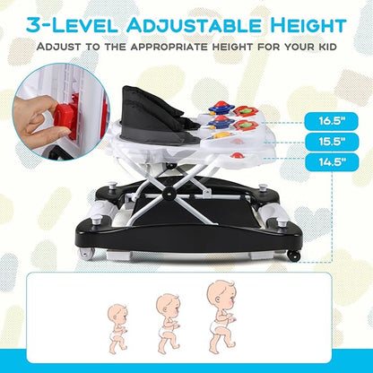 BABY JOY 6-in-1 Baby Walker, Foldable Baby Walker with Wheels, Adjustable Height, Music, Lights, Bouncer & Rocker Mode, Baby Walkers for Boys Girls 6-14 Months (Black)