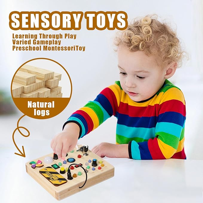 Busy Board with pinwheels Led Light, Wooden Educational Montessori Sensory Travel Toys for Toddlers 1-3, Fine Motor Skills Birthday Gifts for Boys Girls Toddlers 1 2 3