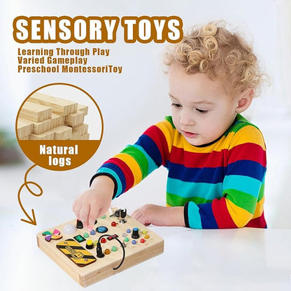 Busy Board with pinwheels Led Light, Wooden Educational Montessori Sensory Travel Toys for Toddlers 1-3, Fine Motor Skills Birthday Gifts for Boys Girls Toddlers 1 2 3