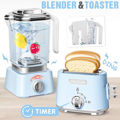 Pretend Play Kitchen Appliances Toy Set with Realistic Coffee Maker Machine, Toaster, Mixer and Blender, Kids Kitchen Playset with Sound & Light for Kids Age 3–5 4-8