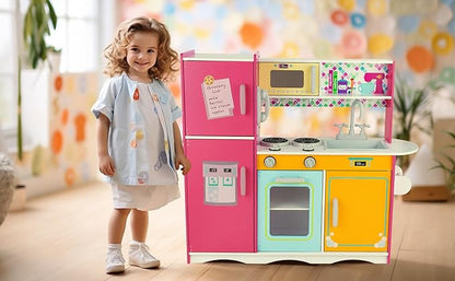 Kitchen Playset for Kids Ages 3-8, Wooden Pretend Play Kitchen for Toddlers, Including Telephone, Ice Maker, Refrigerator, Dimensions: 35” H x 31” W x 12” D (Multicolored)