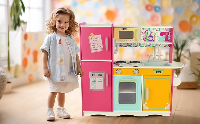 Kitchen Playset for Kids Ages 3-8, Wooden Pretend Play Kitchen for Toddlers, Including Telephone, Ice Maker, Refrigerator, Dimensions: 35” H x 31” W x 12” D (Multicolored)