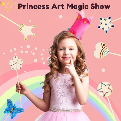 Pllieay Princess Fairy Wands Kit Include 18 Pieces 6 Styles Unfinished Wooden Princess Wand and 4 Gem Stickers Princess Art Magical Show for Party Supplies