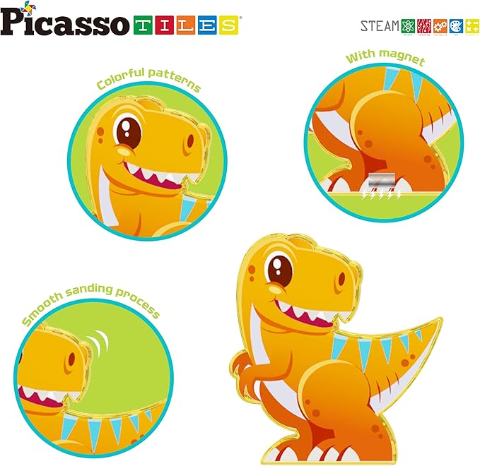 PicassoTiles Magnet Tiles Building Blocks 8 Dinosaur Magnetized Action Figures Compatible Magnetic Construction Build and Play Tile Accessory Toy STEAM Educational Learning Toys Kids Ages 3+ PTA23