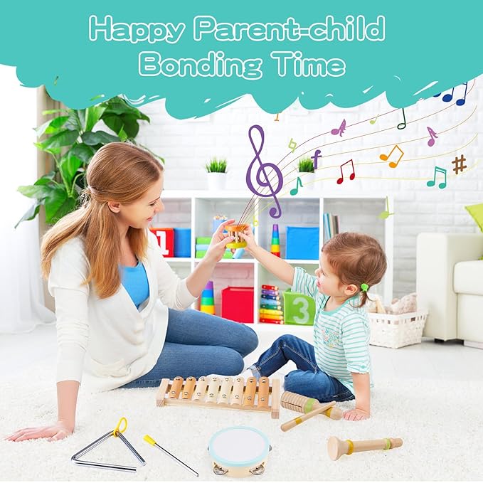 Baby Musical Instruments Montessori Wooden Music Toys Set 1-3 Gifts Kids Toddler Percussion Drum Modern Boho Xylophone with Storage Bag Boys Girls Birthday Christmas Preschool Learning Gifts
