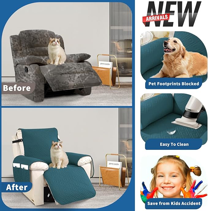 XINEAGE 100% Waterproof Recliner Cover, Non Slip Recliner Chair Cover with Elastic Band, Washable Recliner Slipcover with Storage Pockets for Kids, Pets (Blackish Green, 30")