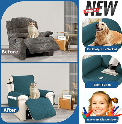 XINEAGE 100% Waterproof Recliner Cover, Non Slip Recliner Chair Cover with Elastic Band, Washable Recliner Slipcover with Storage Pockets for Kids, Pets (Blackish Green, 30")