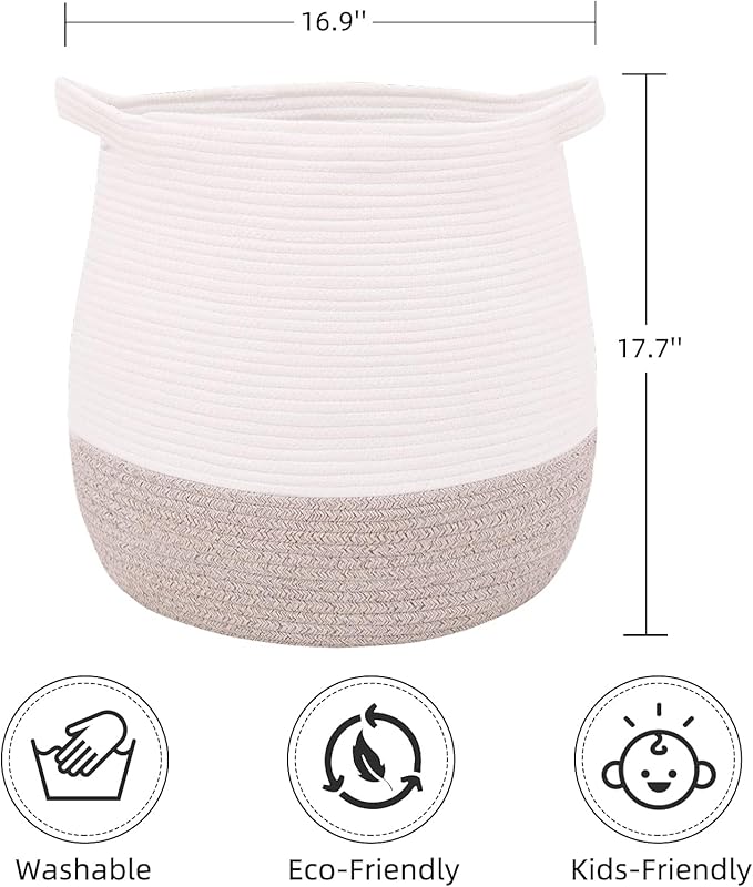 Large Cotton Rope Basket, Woven Storage Basket for Toy, Laundry and Blanket Organizer, Round Hamper Basket with Handles for Kid's Room 17.7"x16.9"