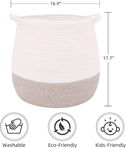 Large Cotton Rope Basket, Woven Storage Basket for Toy, Laundry and Blanket Organizer, Round Hamper Basket with Handles for Kid's Room 17.7"x16.9"