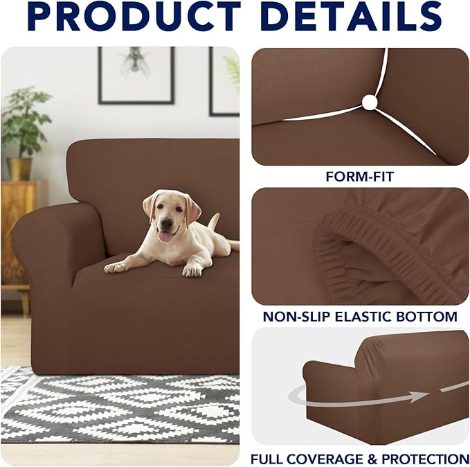 PureFit 100% Dual Waterproof Couch Cover Slipcovers for Couches and Sofas - Stretch Non Slip Fleece Sofa Covers Washable, Leakproof Furniture Protector for Kids, Pets, Dog (Loveseat, Brown)