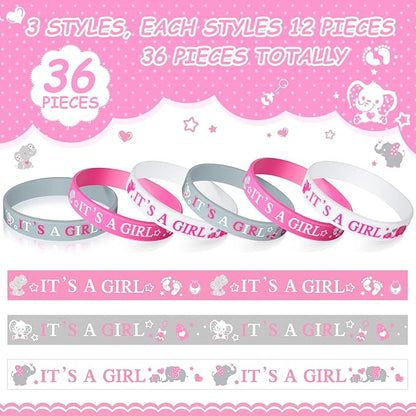 Zomiboo 36 Pieces Baby Shower Rubber Bracelets, It's a Girl Wristbands Elephant Baby Shower Decorations for Boy Girl Baby Shower Party Favor Gender Reveal Party Supplies(Girl Style)