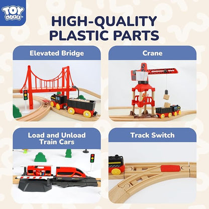 TOY Life Train Set 80pcs Train Toys with Crane & Locomotive Train, Train Set for Kids 4-8, Wooden Train Tracks Toy Train Set for Toddlers 3 4 5, Kids Train Set Gift Toy Fits Thomas, Brio Tracks
