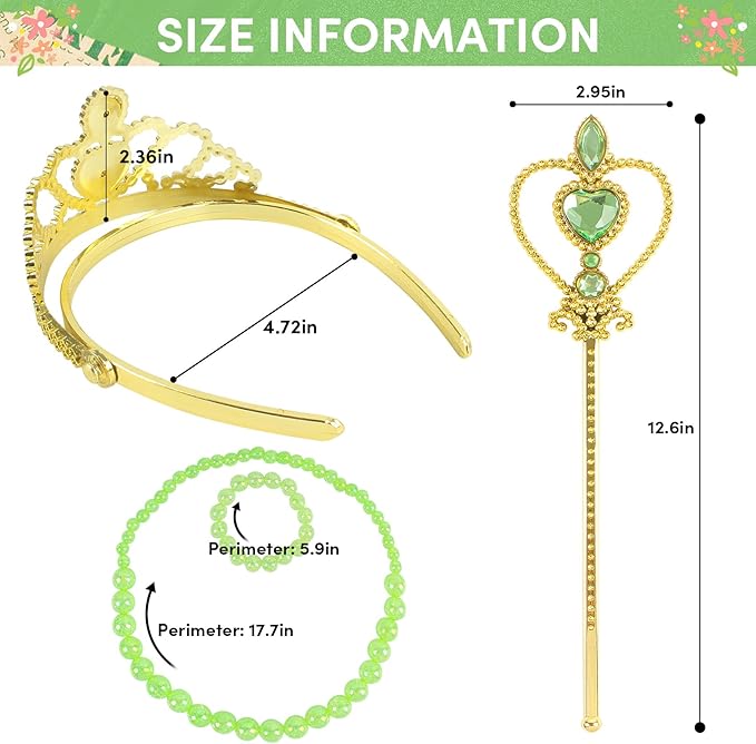Princess Dress Up Accessories Gold Crown and Wand Set with Girls Jewelry Necklace Gloves Bracelet Princess Costume Accessories Set for Little Girls Party Birthday and Halloween(Green,Set of 5)