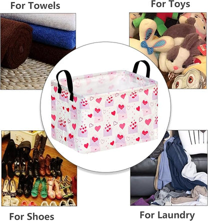MAIZMZ Empty Gift Basket for Girls Heart Print Storage Cube for Women, Closet Shelf Waterproof Organizer Bins with Handles Nursery hamper Kids Toys Books Box Room Deco