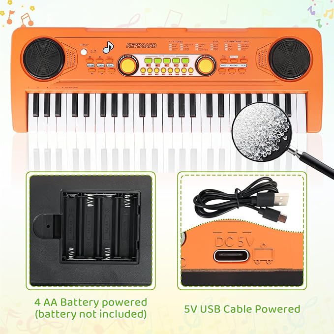 Kids Piano Keyboard with Microphone, 49 Keys Portable Electronic Piano Keyboard for Kids Beginners Ages 3 4 5 6 7, Toy Music Keyboard Birthday Xmas Gift for Girls Boys, Orange