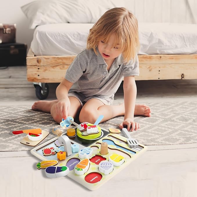 Wooden Toddler Kitchen Toy Set simulates Cooking, Chopping, stir-Frying, Food Shape Matching Games Toddler Kitchen Set for Boys and Girls Ages 3, 4, 5, 6，Gift for Kids