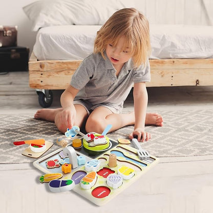 Wooden Toddler Kitchen Toy Set simulates Cooking, Chopping, stir-Frying, Food Shape Matching Games Toddler Kitchen Set for Boys and Girls Ages 3, 4, 5, 6，Gift for Kids