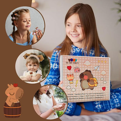 Capybara Plush Gifts for Girls 4 5 6 7 8 9 10+ Years Old, Kids Cute Capybara Toys with Stuffed Animal/Keychain/Bag/Bath Towel/Hair Pins/Bracelet/Headband, Christmas Birthday Plush Toys Set