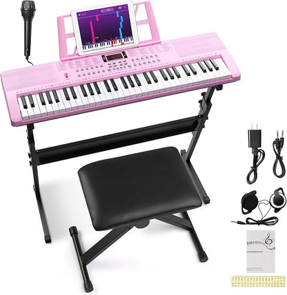 Ktaxon 61 Key Keyboard Piano Electric Keyboard, Electric Piano Set with Headphones, Microphone, Music Rest, Power Adapter, Piano Stand, Piano Bench and Manual (Full Size H Stand-Nude Pink)