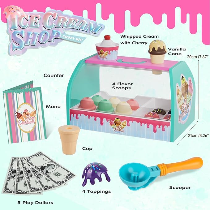 Ice Cream Counter Playset for Kids, Ice Cream Shop Toys, Pretend Play Toys, Play Food Scoop and Serve, Toddler Girls and Boys Ages 3+
