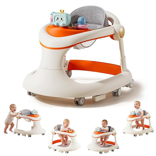 Baby Walker with Wheels, 5-in-1 Foldable Baby Walker for Boys and Girls 7-18 Months with Adjustable Height Detachable Seat and Music Tray Baby Activity Walker, Anti-Fall Activity Center for Boys Girls