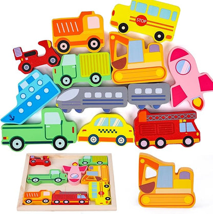 LovesTown 12PCS Stacking Puzzles, Wooden Chunky Jigsaw Puzzles Vehicle Educational Toy for Birthday