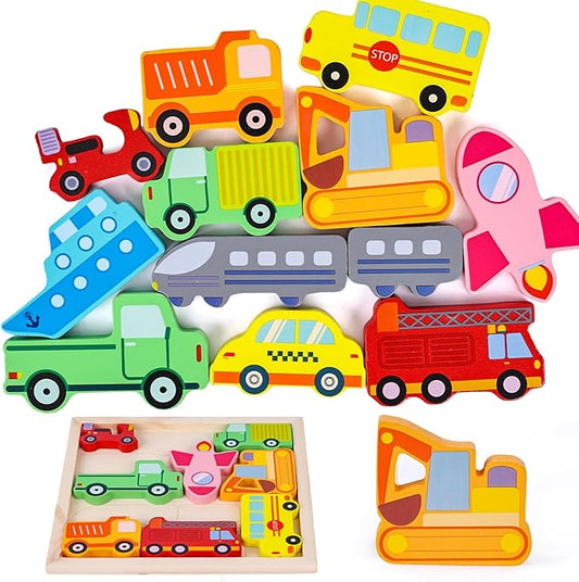 LovesTown 12PCS Stacking Puzzles, Wooden Chunky Jigsaw Puzzles Vehicle Educational Toy for Birthday