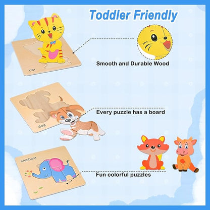8pcs Wooden Puzzles for Toddlers 1 2 3 4, Toddler Puzzles Ages 1 2 3 4, Montessori Educational Jigsaw Toys Puzzles Christmas Birthday Gift for Kids Girl Boy 1-4 Year Old (Zoo Animals)