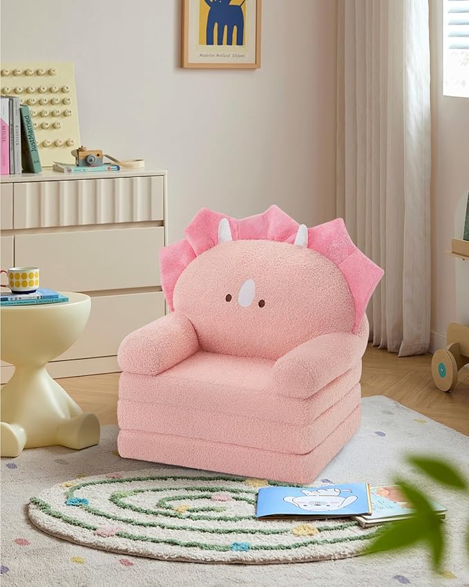 MOONBEEKI Comfy Toddler Chair, Kids Couch Fold Out to Lounger, Foldable Baby Sofa Plush for Girl and Boy Age 18 Months and Up （Pink Triceratops）