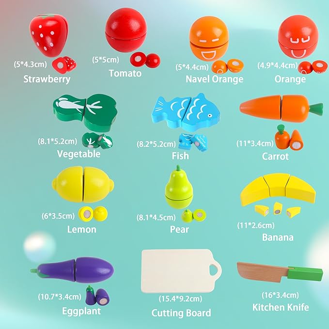 newlng Wooden Play Food Toys Fruits and Vegetables for Toddlers Cutting Fruits and Vegetables Food Toys Food Cutting Toys Best Gift for Christmas Birthday with Reusable Storage Bag