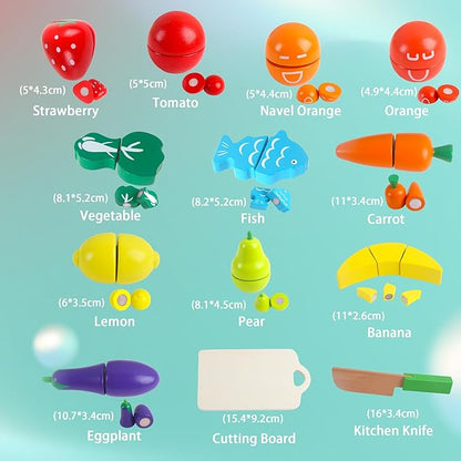 newlng Wooden Play Food Toys Fruits and Vegetables for Toddlers Cutting Fruits and Vegetables Food Toys Food Cutting Toys Best Gift for Christmas Birthday with Reusable Storage Bag