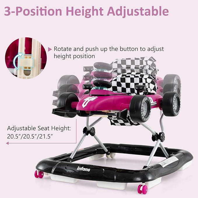 INFANS 4 in 1 Baby Walker, Foldable Toddler Activity Center with Adjustable Height, Padded Seat, Music, Light, Removable Tray, Push Walker for Girls Boys Aged 6-18 Months (Violet)