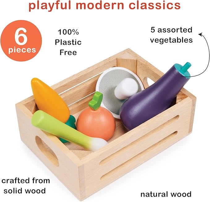 Mentari Toys - Allotment Crate - 6pc Wooden Crate with Vegetable Food Items - Market Pretend Play Toy Food - Play Kitchen Accessories - Imaginative Play Set for Toddlers and Kids - Age 3+