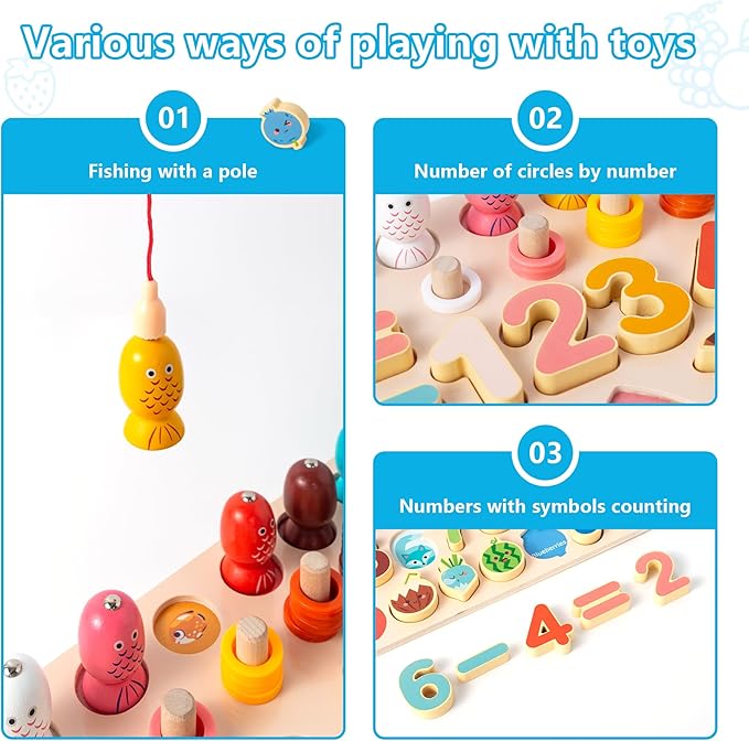 Montessori Magnetic Fishing Game for Toddlers 3 4 5 Year Old - 3-in-1 Wooden Number & Color Sorting Toy, Fine Motor Skills Preschool Educational Learning Toys, Birthday Gifts for Boys Girls