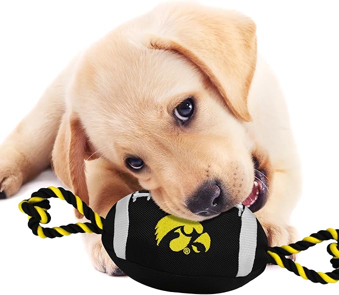 Pets First NCAA Iowa Hawkeyes Football Dog Toy, Tough Quality Nylon Materials, Strong Pull Ropes, Inner Squeaker, Collegiate Team Color