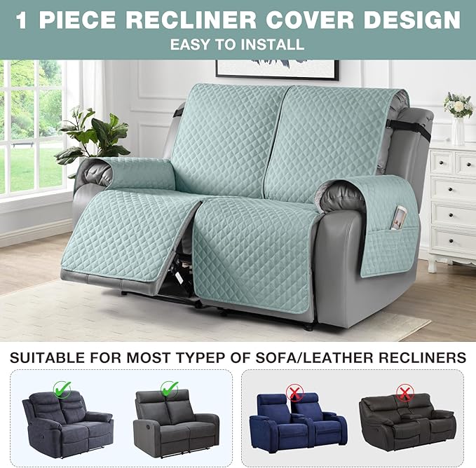 TAOCOCO Loveseat Recliner Cover Non-Slip Sofa Slipcover, Pet Cover for Loveseat Recliner with Elastic Straps, Washable Reclining Loveseat Cover Recliner Furniture Protector (2 Seater, Mint)