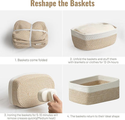 5 Pack Small Woven Storage Baskets for Shelves, Cotton Rope Baskets Organizer for Bathroom, Closet & Nursery, Decorative Storage Bins for Organizing Socks, Toys, 11.8"x7.9"x4.7", Khaki/White