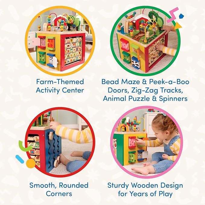 Battat – Activity Cube with Farm Theme – Educational Wooden Toys for Toddlers and Kids – 1 Year +