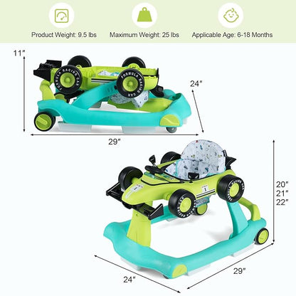 HONEY JOY 4-in-1 Baby Walker, Activity Push Walker w/3 Adjustable Heights, Smooth Wheels w/Adjustable Speed, Padded Seat, Music & Light, Foldable Car Walker for Baby Boys Girls Age 6 Months+ (Green)