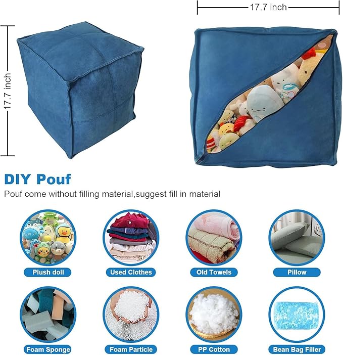 Louis Donné Unstuffed Pouf Ottoman, Square Supersoft Pouf Cover with Storage Solution, Foot Stool for Living Room, Home Decor, Christmas Decoration, 17x17 - Blue (Only Cover)
