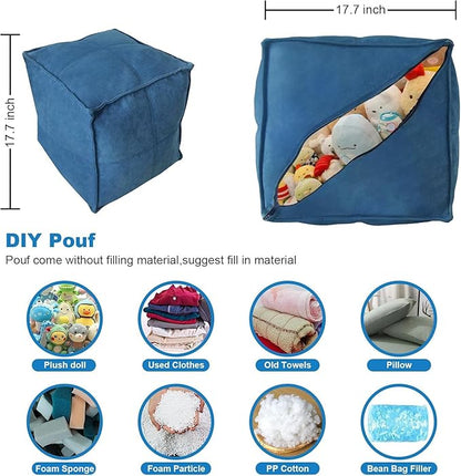Louis Donné Unstuffed Pouf Ottoman, Square Supersoft Pouf Cover with Storage Solution, Foot Stool for Living Room, Home Decor, Christmas Decoration, 17x17 - Blue (Only Cover)