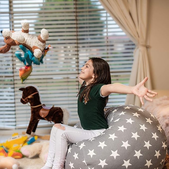 Wekapo Stuffed Animal Storage Bean Bag Chair Cover for Kids | Stuffable Zipper Beanbag for Organizing Children Plush Toys Large Premium Cotton Canvas (Grey Star, XX-Large)