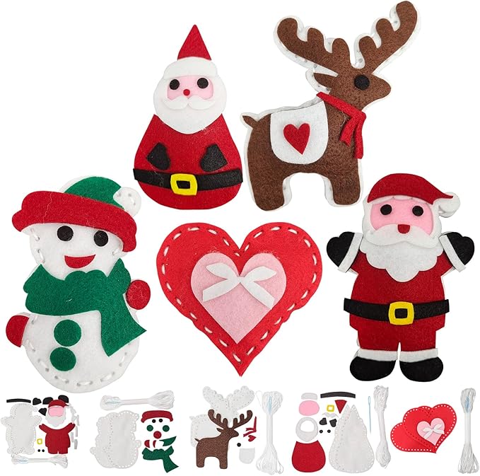 Jtnohx Sewing Kit for Kids, Felt Christmas Ornaments Set, 5 Sets DIY Craft Kits - Christmas Deer, Santa Claus, Snowman, Heart, Christmas Tree Decor for Home Party Decorations
