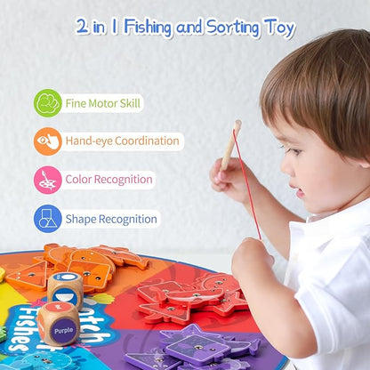 Montessori Toy for Toddlers 1-3, Fine Motor Skill Wooden Magnetic Fishing Game for Year Old Kids, Early Learning Color and Shape Sorter Toys for Ages 2-4 Girls Boys Preschool Educational Gift