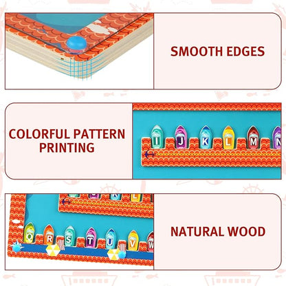 Wooden Magnetic Alphabet Maze, Montessori Fine Motor Skills Toys for 3+ Year Old Boys and Girls, Magnetic Ship Letter Puzzle Board for Toddler Preschool Learning Activities